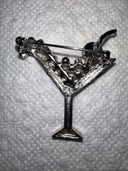 VTG Silver Tone Martini Brooch Green Pink Clear Rhinestones Cocktail Pin 2.0″