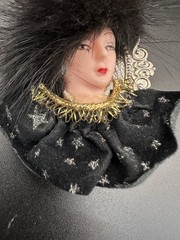 VTG Lady Face Brooch Pin Black Fur Feather Hat Faux Pearls Art Deco Statement