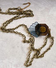 Vintage Necklace Art Deco Delicate Brass Pendant W/ Antique Blue Czech Glass