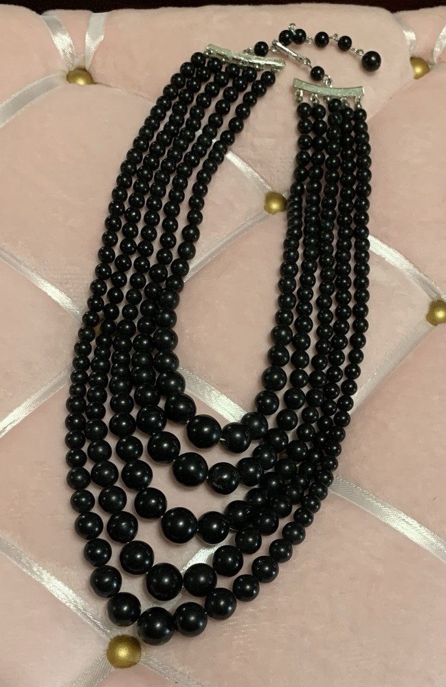 Vintage Signed Japan 1950’s-1970’s Multi Strand Black Lucite Choker Necklace