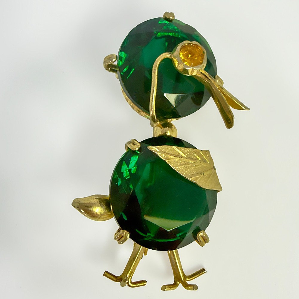 VINTAGE European Duck Bird Brooch Trombone Clasp Green Stone Egg in a Nest Tail