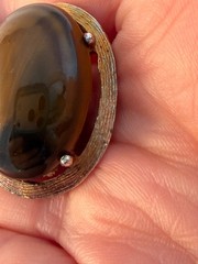 Vintage Faux Tiger Eye Seleni Gold Tone Clip Earrings Chunky Honey Brown Swirl