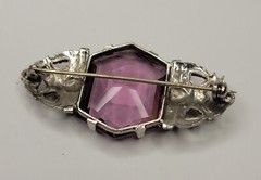 Vintage Marcasite Rhinestones Huge Purple Glass Stone Brooch