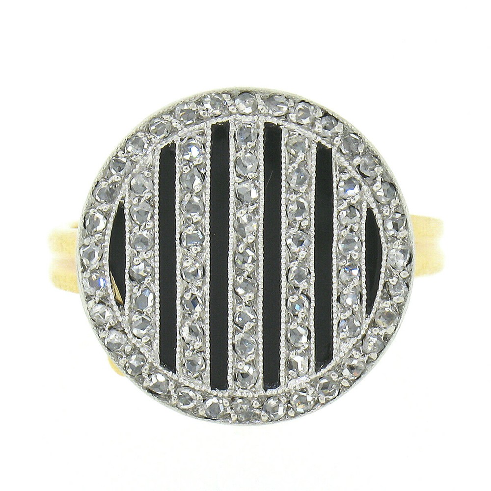 Vintage 14K Gold Platinum 0.60ctw Pave Diamond On Black Onyx Round Platter Ring