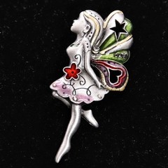 Vintage Pewter Fairy / Pixie with Enameled Wings and Dress Stars & Hearts