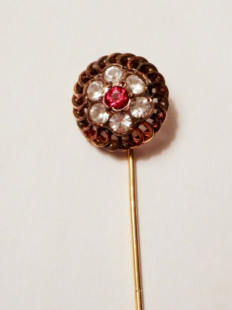 Vintage Red/Clear lab created Stone Hallmarked 800 19K Yellow Gold Stick Hat Pin