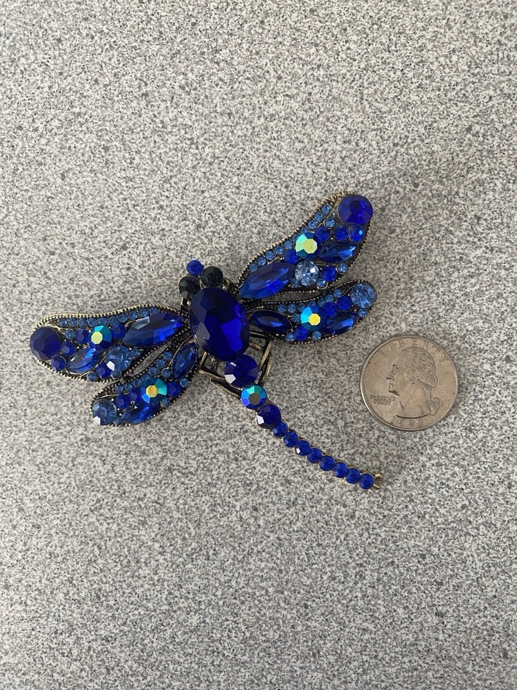 Vintage Gold Tone & Blue Rhinestone 3.5” Wingspan Dragonfly Pin In ExCondition