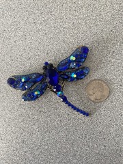 Vintage Gold Tone & Blue Rhinestone 3.5” Wingspan Dragonfly Pin In ExCondition