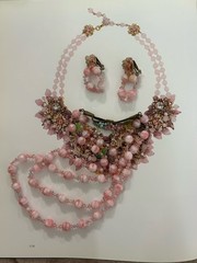Unsigned Miriam Haskell Pink Art Glass Beaded Necklace Earrings Set 18” READ