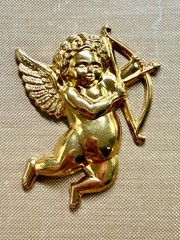 Vintage Raw Brass Cupid Cherub with Bow Arrow Stamping 50mm High Relief NOS Find