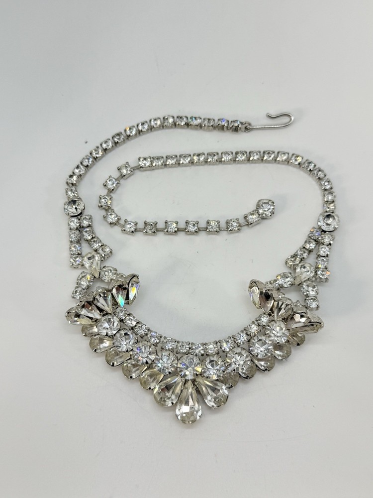 Vintage Rhinestone Crystal Silver-Tone BIB Statement Necklace Choker ~ 15-in