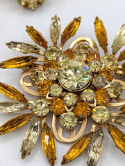 Vintage Judy Lee Rhinestone Brooch Earrings Set Topaz Color Yellow Flowers