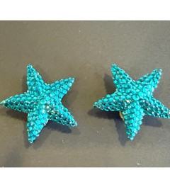 Vintage Richard Kerr Aqua Blue Starfish Clip Earrings Rhinestone 80s Statement