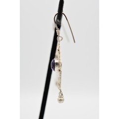 Vintage 925 Sterling Silver Dangle Drop Earrings Purple Cabochon Signed Bin4