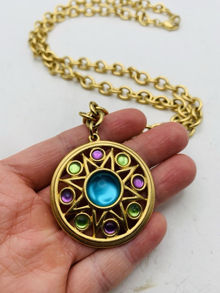 Vintage Gold Tone Pastel Renfaire Medallion Chunky Liz Claiborne 28” Necklace