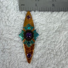 Vintage Copper Verdigris Brooch Purple Teal Crystal Floral Filigree Pin 2.5″