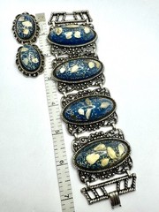 Vintage SELRO SELINI Blue Gold Confetti Lucite Silver Panel Bracelet & Earrings