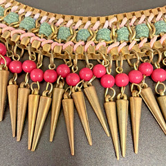 Vtg Egyptian-style Spiked BIB necklace W/ Copper Tone Spikes Pink & Green Beads