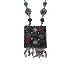 Vintage Tribal 9-Stone Pendant Necklace Boho Ethnic