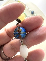 Green & Blue Cloisonne White And Sand Colored Beaded Necklace Silver Tone