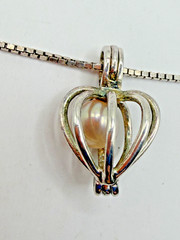 STERLING SILVER 925 ITALY BOX CHAIN NECKLACE HEART CAGE PEARL PENDANT WOMEN