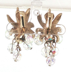Vintage Gold-Tone Leaf Earrings Aurora Borealis Crystal Grape Cluster