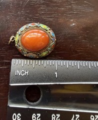 Vintage Chinese Export Enamel Filigree Pendant w/ Rich Orange Butterscotch Amber