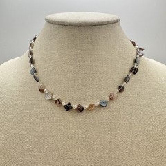 Vintage 90s Square Tile Shell Glass Beaded Choker Necklace Silver Tone Jewelry
