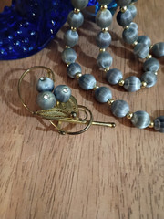 Mid-Century 2-Piece Set Grey Silk Wrapped Bead Necklace & Filigree Berry Brooch