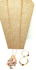 Vtg 80s Gold Tone Multi Color Resin Teardrop 29 In Necklace w Matching Earrings