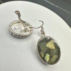 Vintage Mother-of-Pearl Mosaic Oval Earrings Silver Tone Boho Art Deco