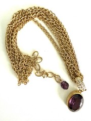 Swarovski Swan Signed Purple Crystal Oval Pendant , Gold Tone Necklace.