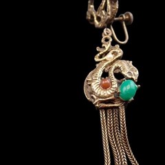 Antique Asian Dragon Jade Carnelian Cabochon Dangle Screw Back Tassel Earrings