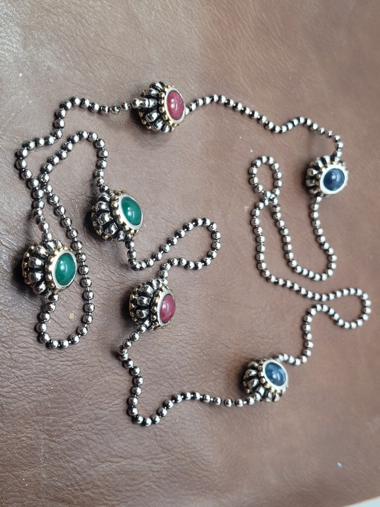 Vintage Silver Tone Ball Chain Necklace Glass Beads 36in