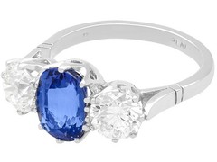 2.34Ct Madagascar Sapphire and 1.85Ct Diamond Platinum Trilogy Ring Circa 1945