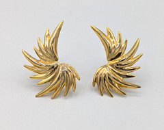 Vintage Gold Tone Angel Wing Clip On Earrings Atomic Starburst Ear Climber Fan