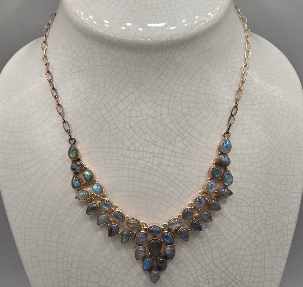 Vintage Sterling Necklace Rainbow Labrodite 16.5 inch / 92.5% Silver