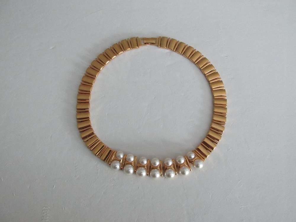 Vintage Napier Gold-tone & Faux Pearl Statement Necklace Pat.# Rare 18″ NICE