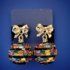 Vintage Glass Beaded Multi Color Gold Tone Holiday Ornament Drop Earrings-Rare!