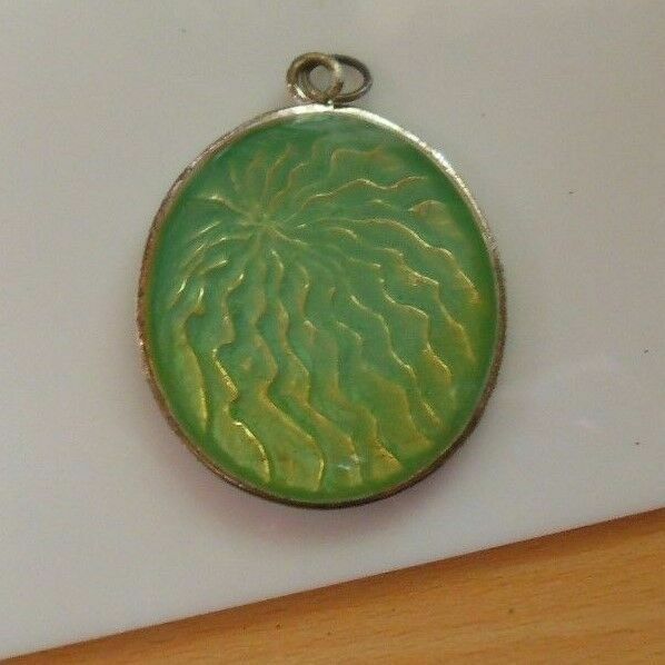 KC Signed Oval Green Glass/Silver Tone Pendant