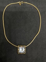 Avon Vintage Square-Cut Crystal Pendant Necklace 14” Chain Goldtone Signed