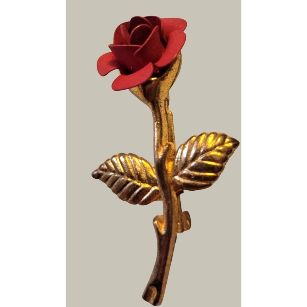 Vintage Rose Brooch Pin Floral Botanical Garden Party Accessory Gold Red Flower