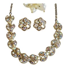 Lot Necklace Brooch Earring Pink Pearl Rhinestone Glass AB Beads Vintage Jewelry