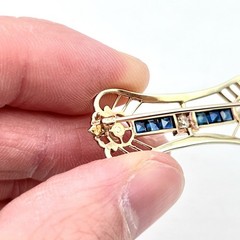 Antique 12k Yellow Gold Art Deco Old European Diamond Sapphire Pearl Pin Brooch