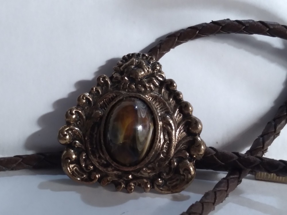 VTG Bolo Tie Leather, Bronze-Tone Pewter(??) Brown Polished Stone *READ ALL*