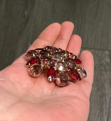 Vintage Cherry Red Pink Marquise & Round Rhinestone Floral Cluster Brooch Pin