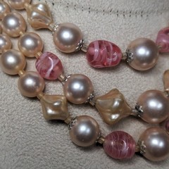 Vintage 60s Pink & Pearl 3 Strand Necklace Collar Length Formal Japan Stamped