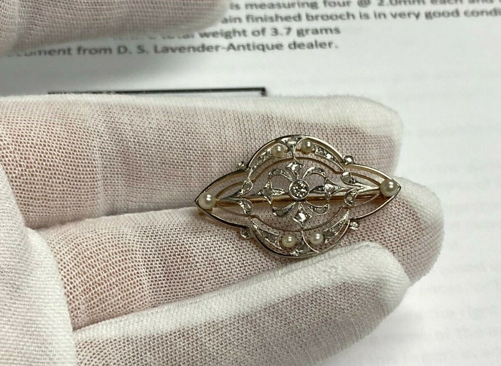 18k Gold Antique Pre-1870 European Rose Cut Diamond & Pearl Brooch, DS Lavender