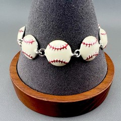Vintage Sports Bracelet White Enamel Baseball Link Silver Tone 6.75”