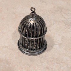 Estate Jewelry Silver Bird Cage Pendant Opening Door Spinning Bird 1.75″ x 1″